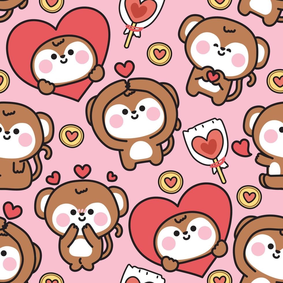 Seamless pattern of cute monkey in love concept with cookies and candy pink background.Heart.Valentines.Wild animal character cartoon design.Image for card,sticker,decoration. vector