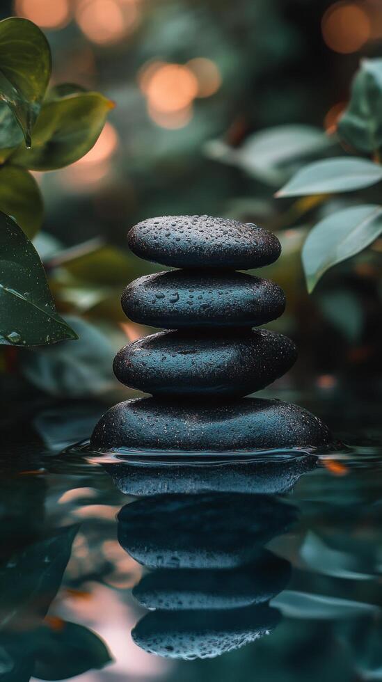 Four smooth stones stacked in serene water surrounded by lush greenery in a tranquil setting photo