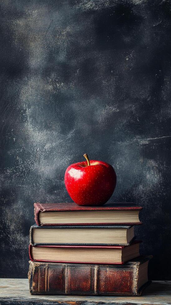A fresh red apple placed atop a stack of vintage books on a wooden table in a cozy setting photo