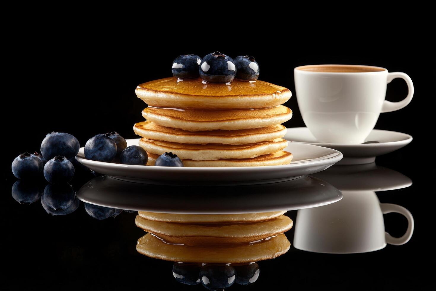 Delicious stack of pancakes with berries and a cup of coffee on a reflective surface photo