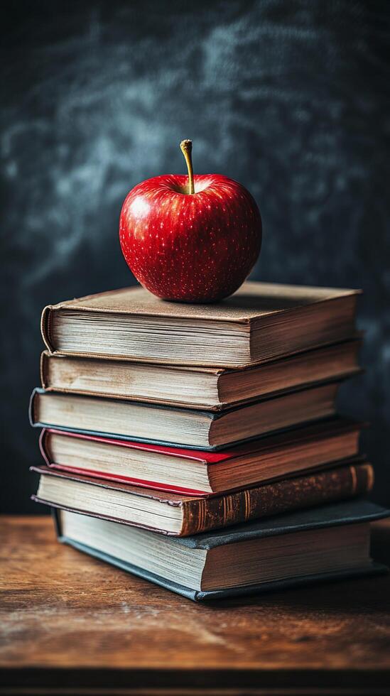A fresh red apple placed atop a stack of vintage books on a wooden table in a cozy setting photo