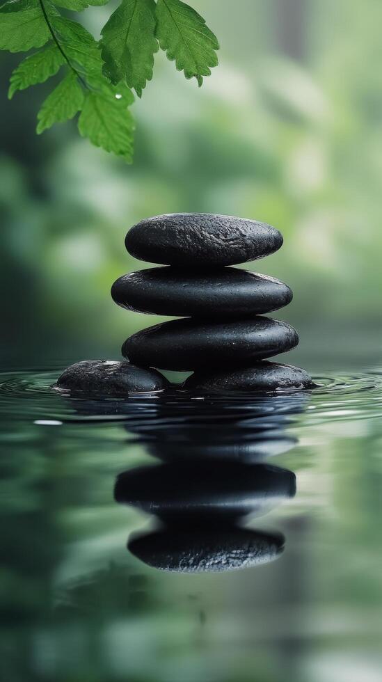 Four smooth stones stacked in serene water surrounded by lush greenery in a tranquil setting photo