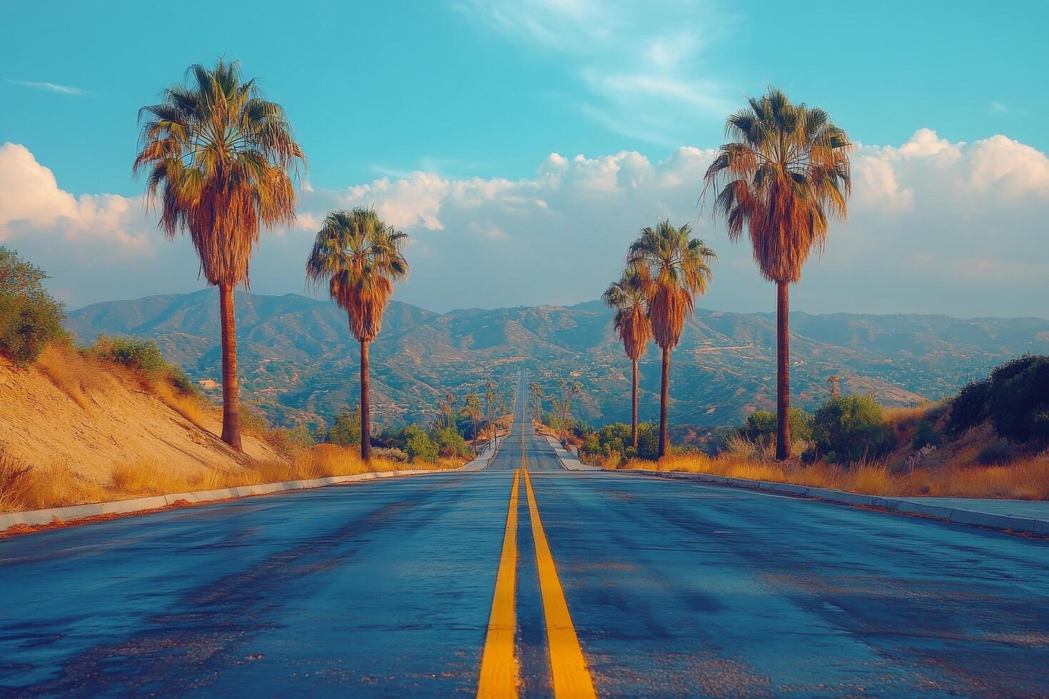 A quiet road lined with palm trees on a sunny day in a scenic landscape photo