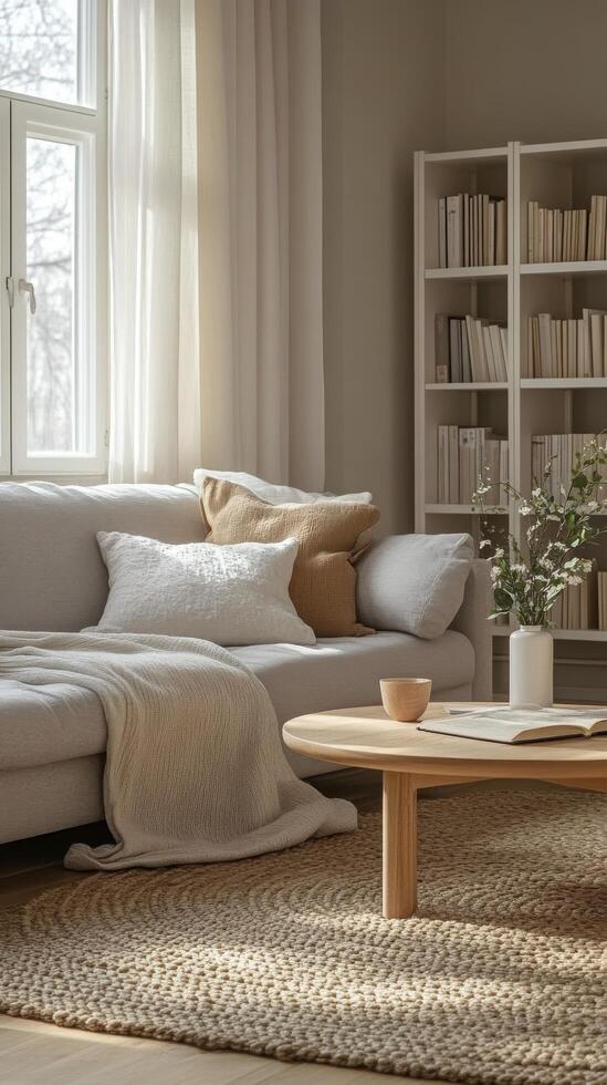 Modern living room with a cozy sofa, bookshelves, and plants in a warm setting photo