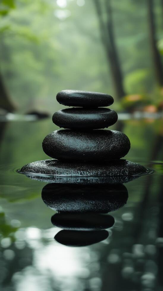Four smooth stones stacked in serene water surrounded by lush greenery in a tranquil setting photo
