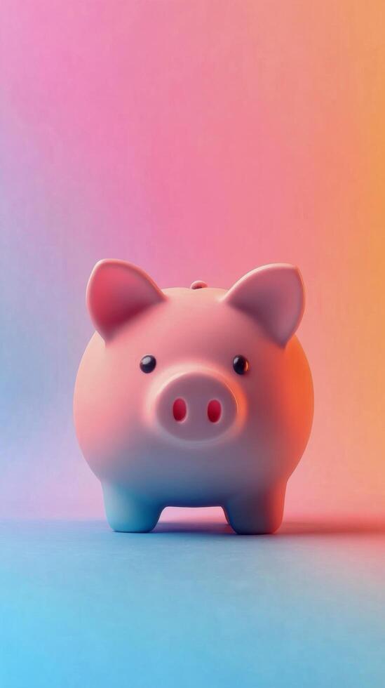 A cute pink piggy bank stands on a vibrant blue and pink background during daytime photo