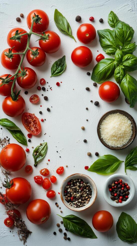 Fresh tomatoes and basil with spices and cheese on a white surface for a cooking preparation setup photo