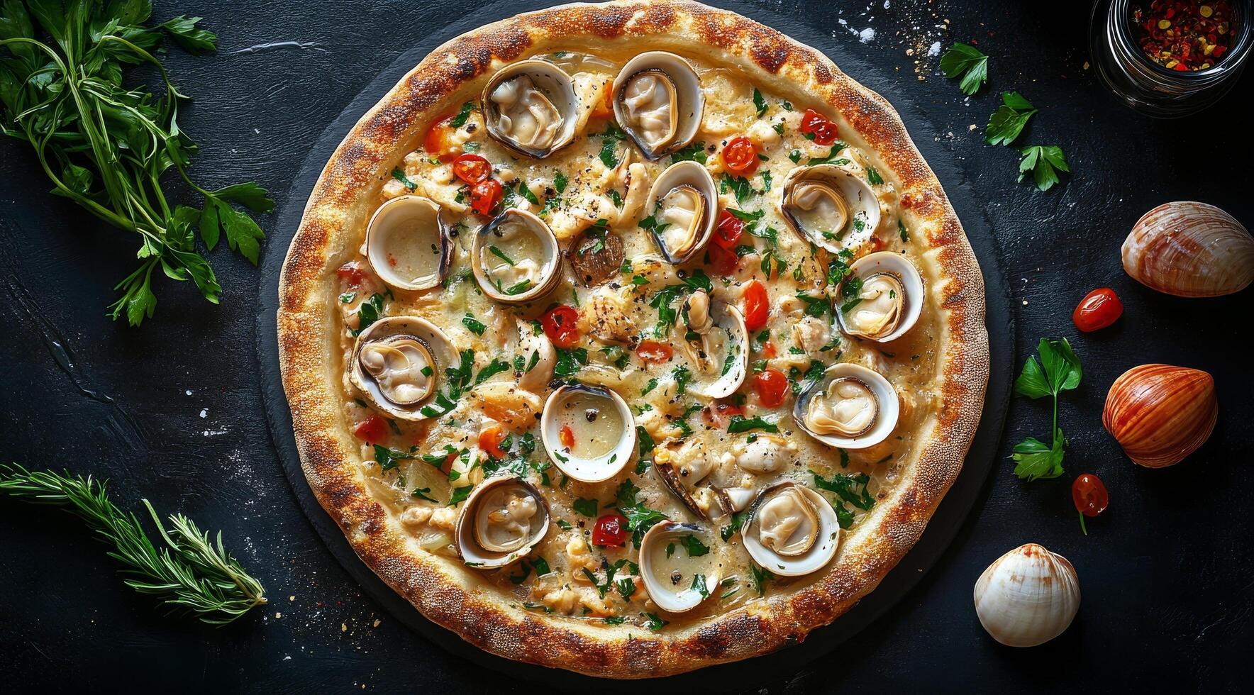 Deliciously crafted clam pizza topped with fresh herbs and tomatoes on a rustic wooden table photo