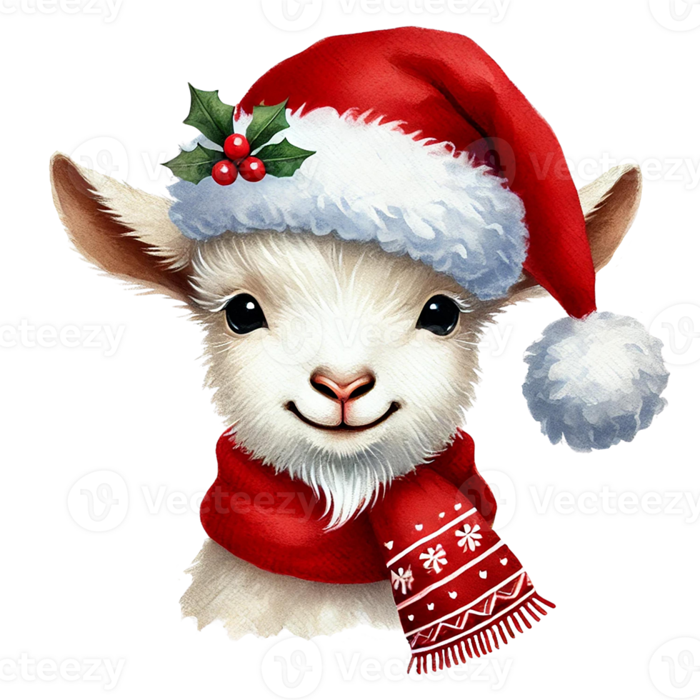 Cute goat with a Santa hat and scarf Cartoon illustration for Christmas. png