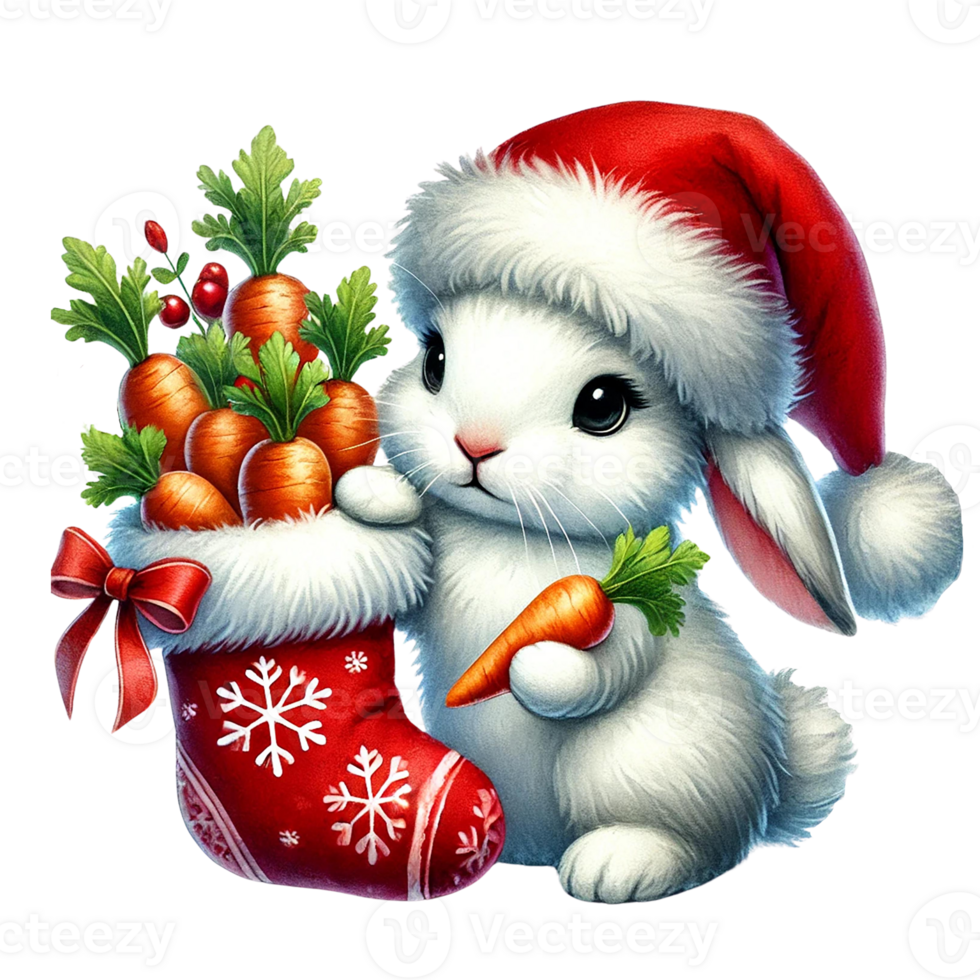 Cute rabbit with Christmas stocking and carrots. Cartoon illustration for Christmas. png