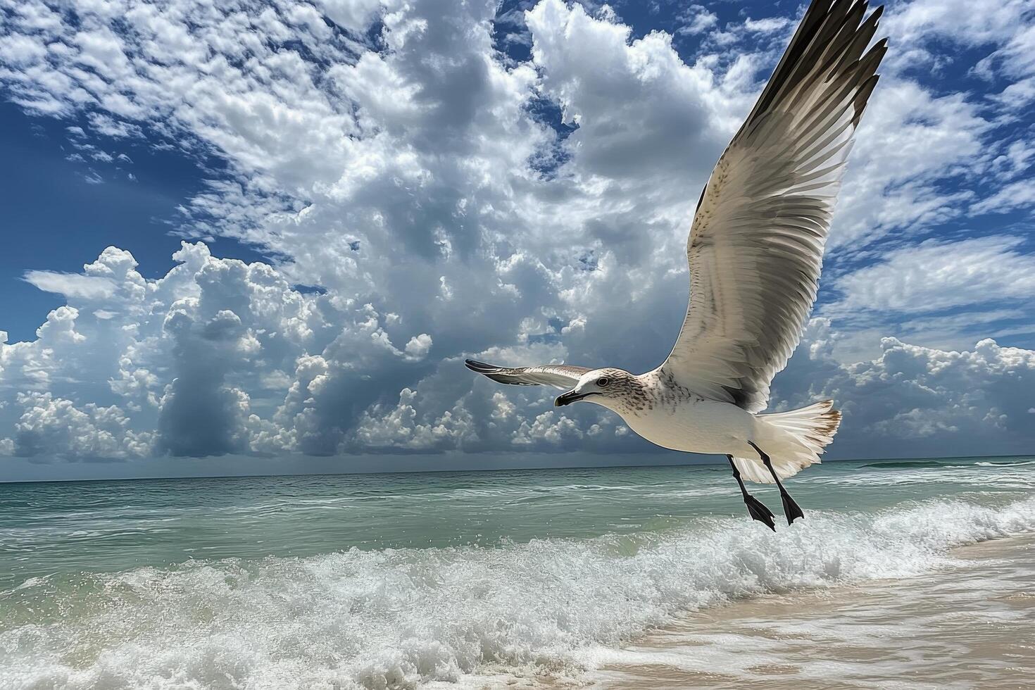 Seagull soaring over gentle waves at a serene beach under a cloudy sky in the afternoon photo
