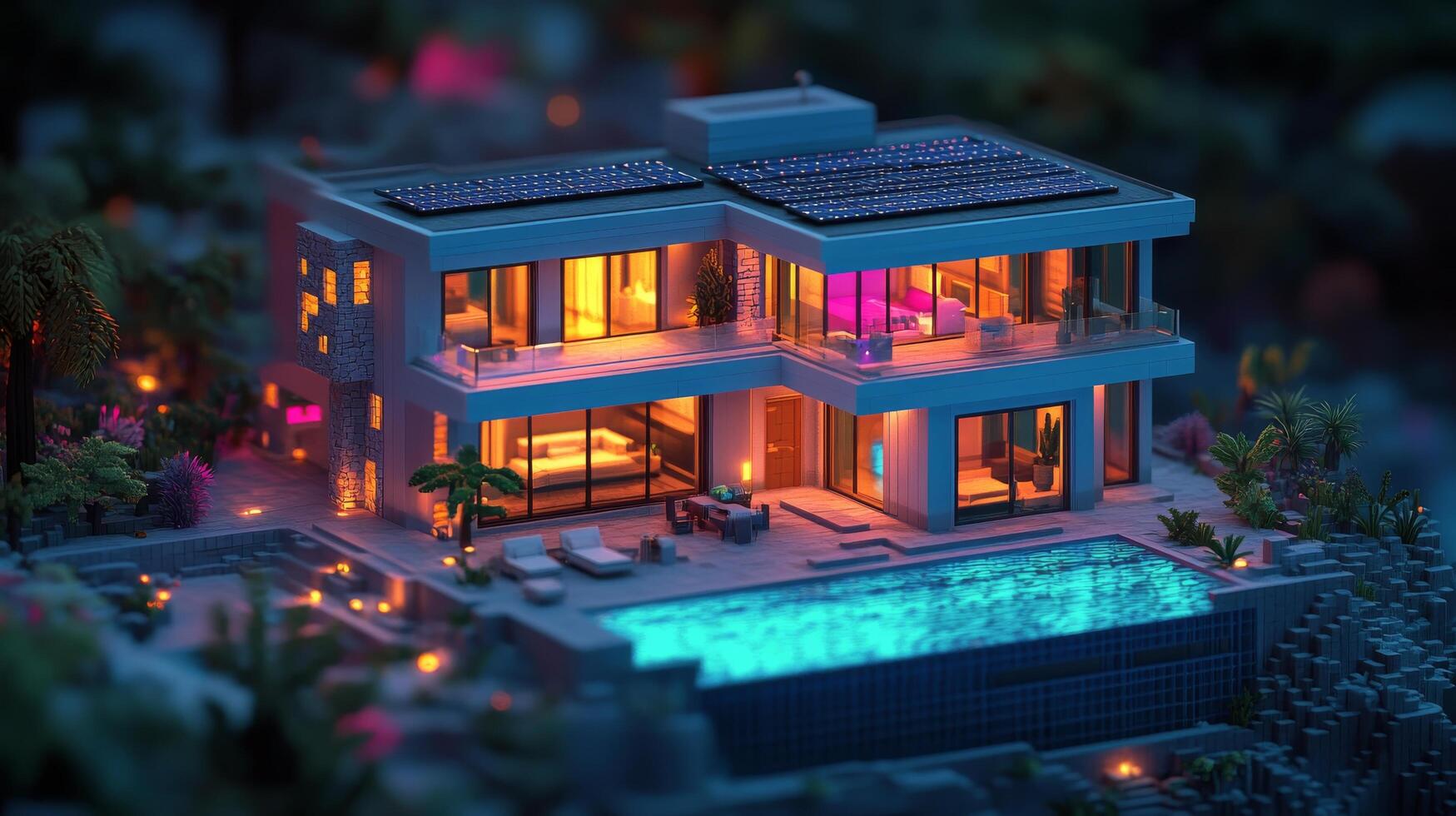 Modern house surrounded by lush greenery reflecting on a tranquil pond during sunset photo
