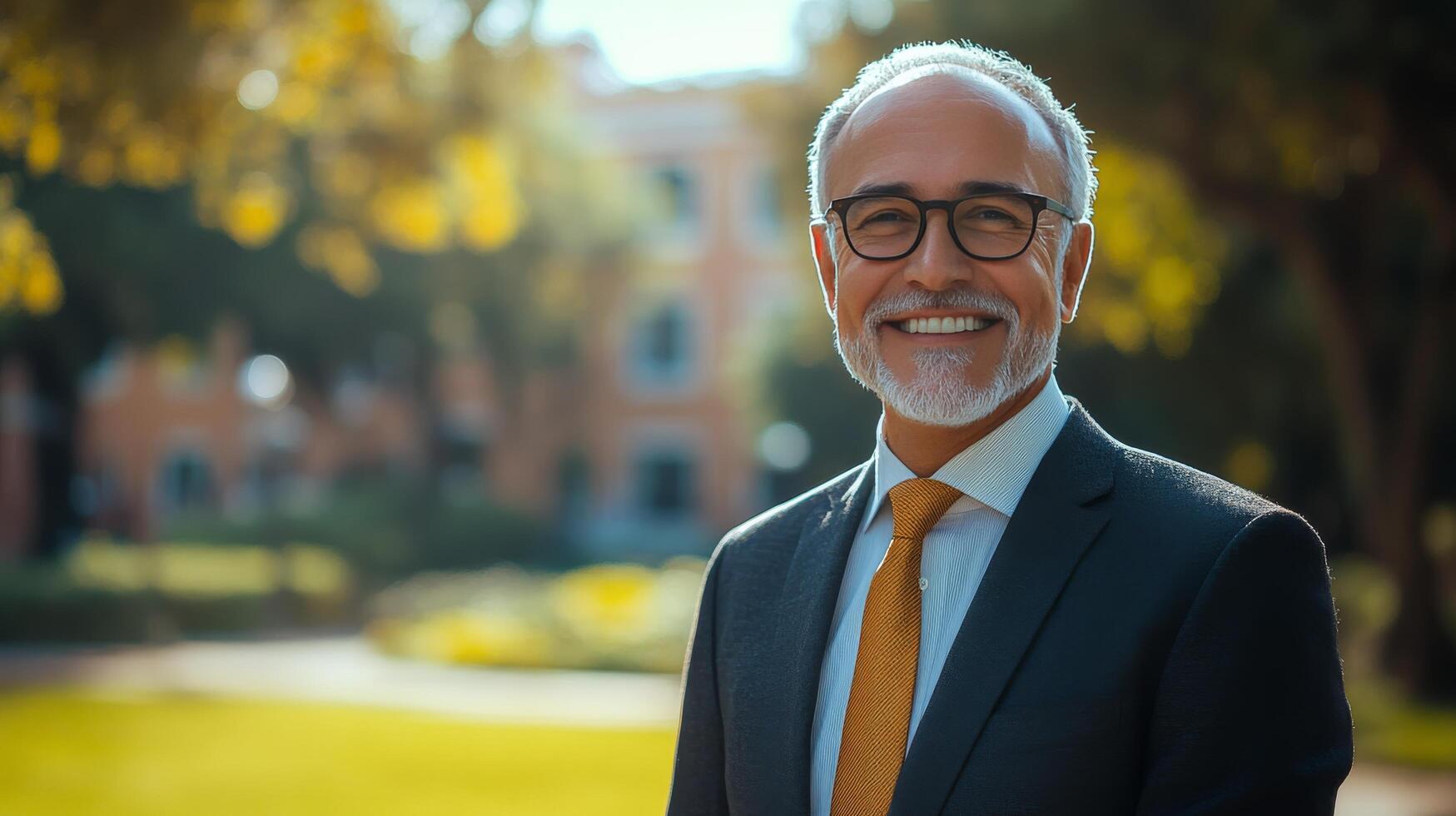 A smiling older man wearing glasses and a cozy sweater enjoys a warm day at a cafe photo
