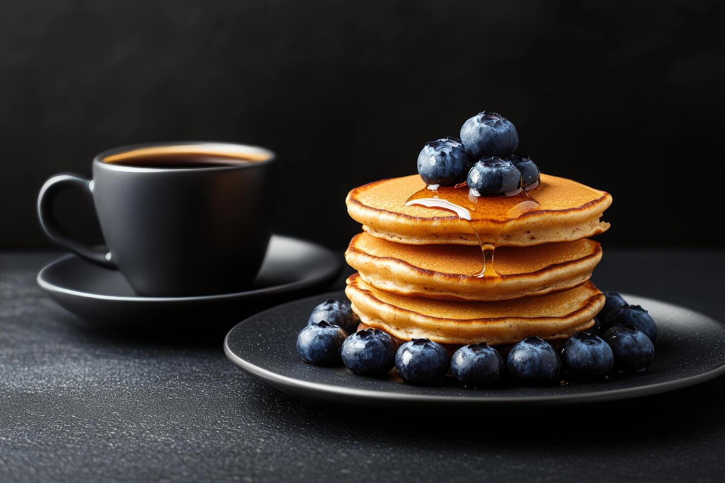 Delicious stack of pancakes with berries and a cup of coffee on a reflective surface photo