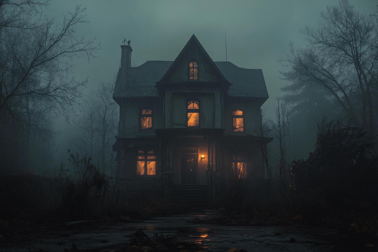 A haunted house surrounded by flames at night with eerie glowing windows in a dark environment photo