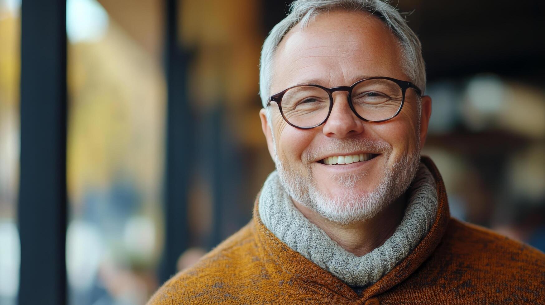 A smiling older man wearing glasses and a cozy sweater enjoys a warm day at a cafe photo