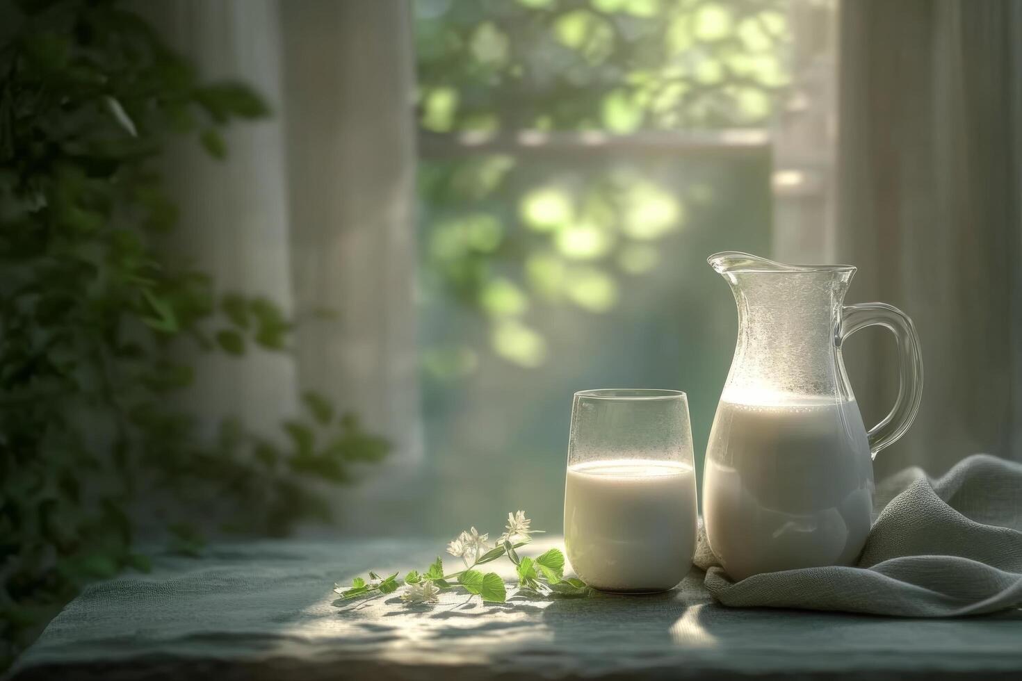 A white ceramic pitcher and a glass of milk on a green surface with soft sunlight filtering through photo