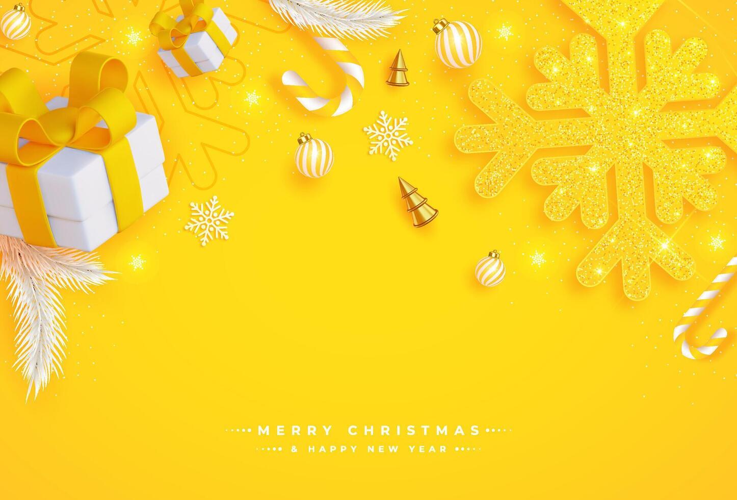 merry christmas greeting background design featuring festive text with pine trees and gift box decorations on a rich yellow backdrop. vector