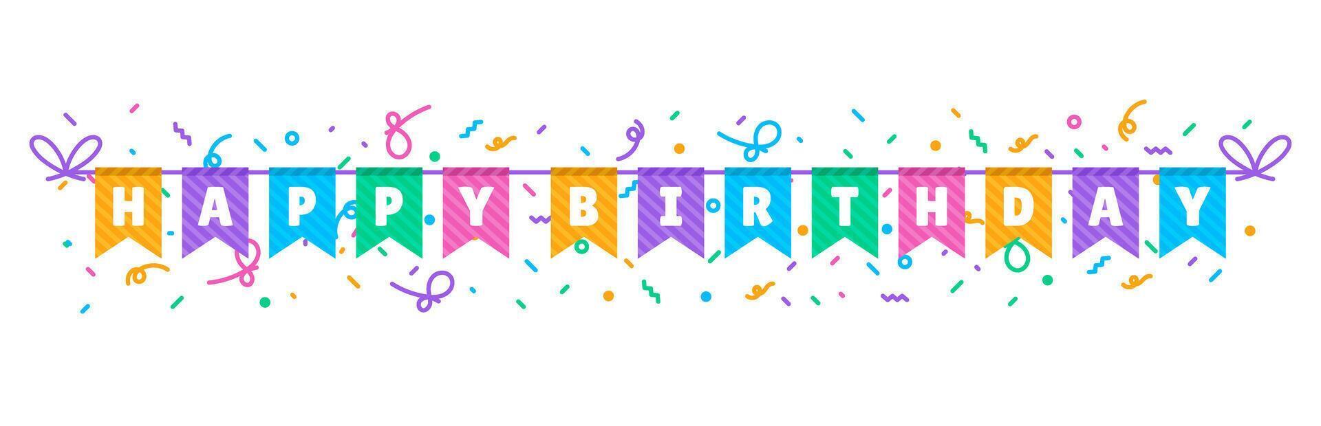 Birthday celebration banner with vibrant party flags set against a white background, perfect for festive decor. vector