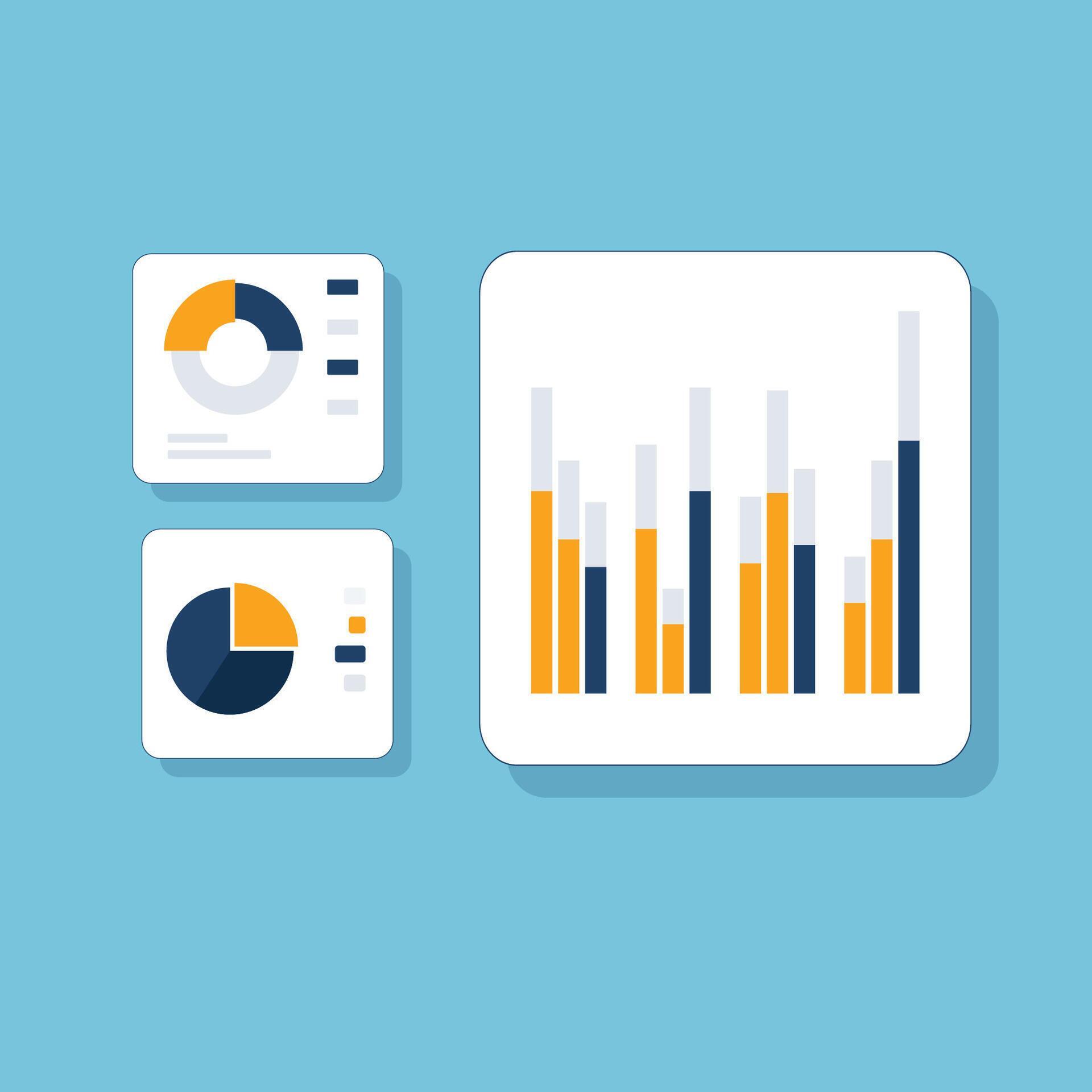 Pie chart, bar graph, process diagram and gear wheels. Concept of