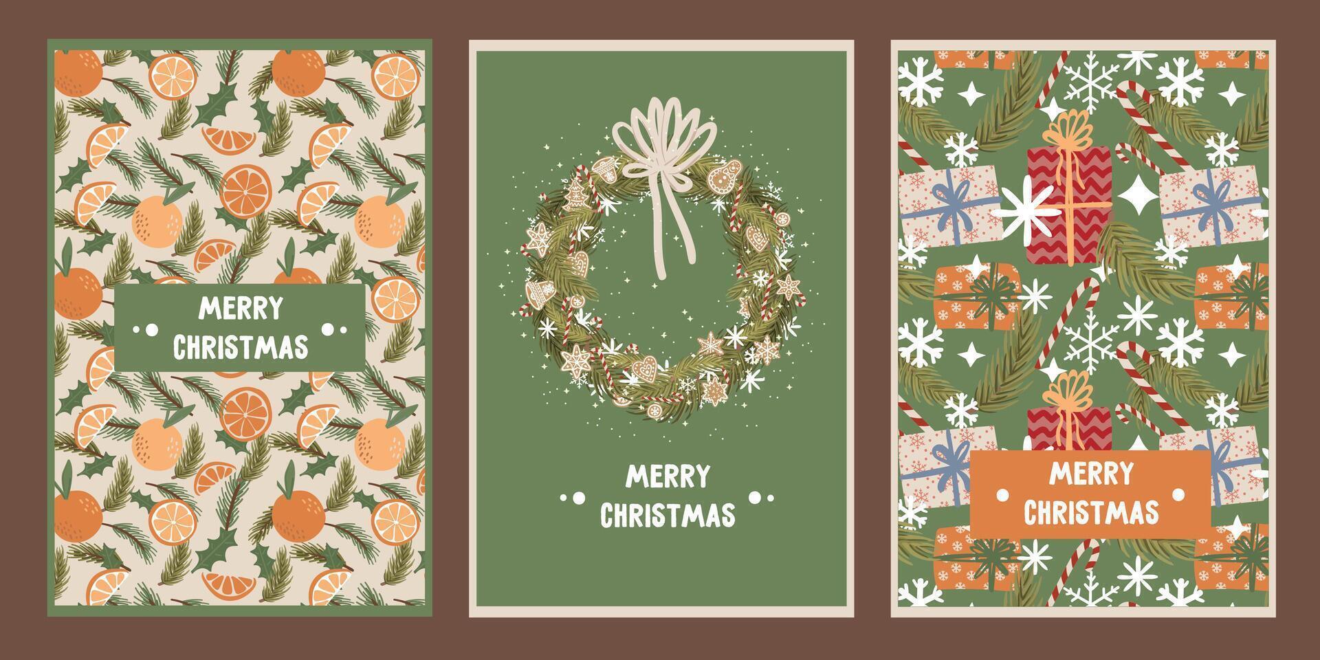 set of christmas and new year greeting card on green and beige backgrounds vector