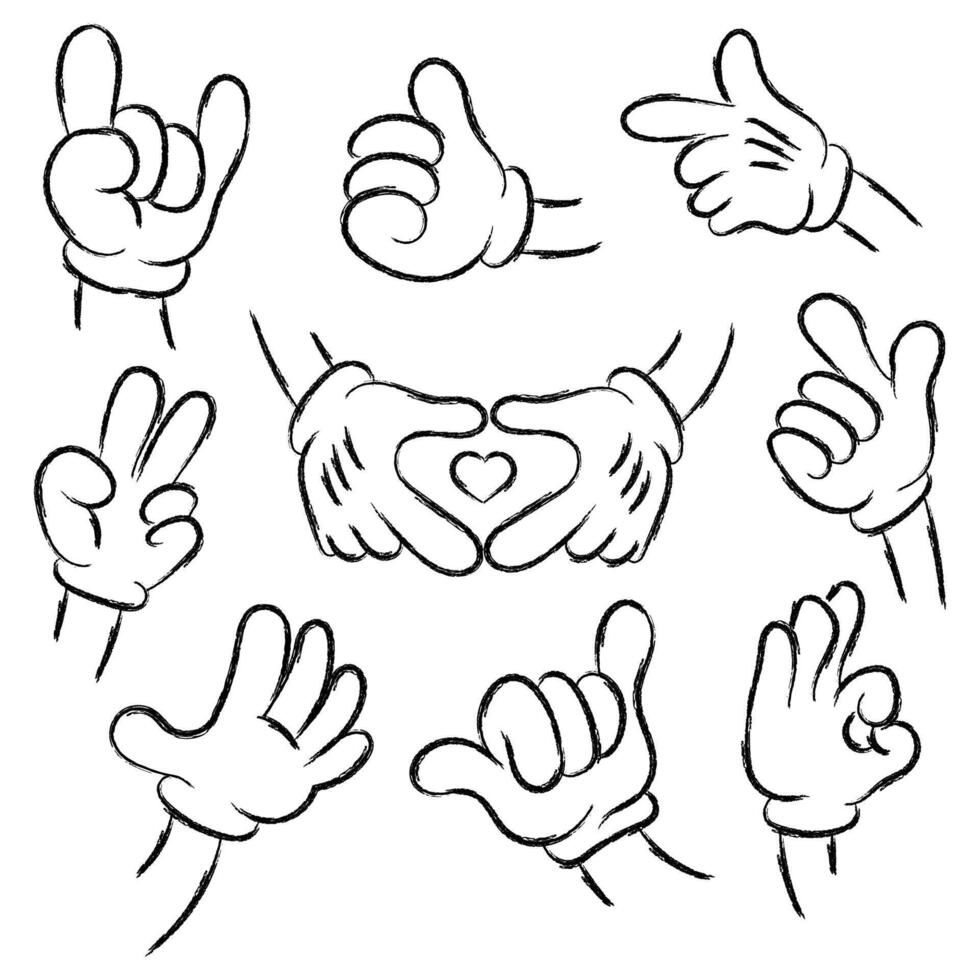 Cartoon hands in gloves set of gestures Charcoal or chalk drawing. Comic arms with in white gloves with various gestures heart shape,ok,two fingers up,thumbs up,rock,shaka, others. illustration vector