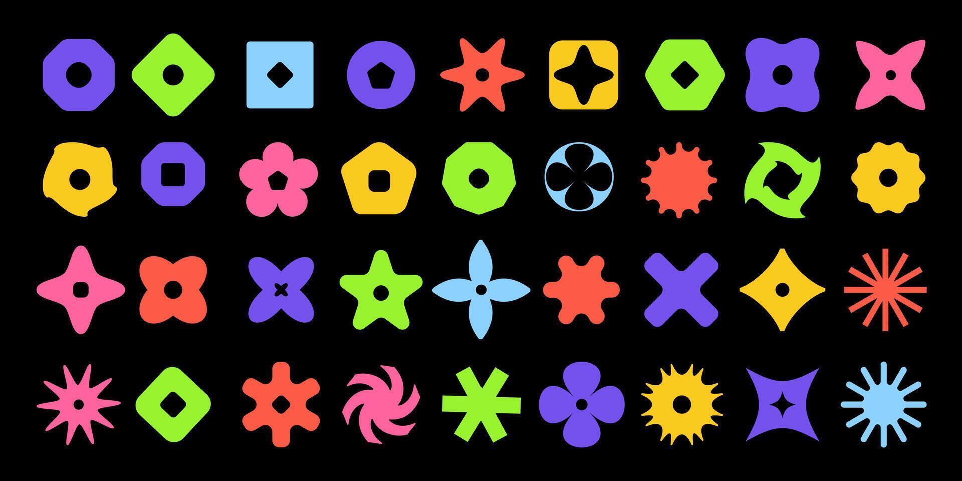 Abstract retro aesthetic y2k geometric elements sticker in Brutalism style pack isolated on a black background.Colorful Abstract geometric shapes and icons set.Trendy Set of minimal icons. vector