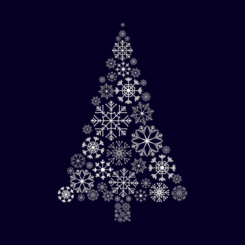 Abstract Snowflake Christmas tree shape.Christmas tree made of white snowflakes Winter illustration for XMAS and New Year holidays decoration design element,embellishment,logo,print. vector