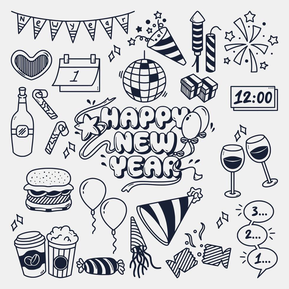 hand drawn happy new year doodles collection vector