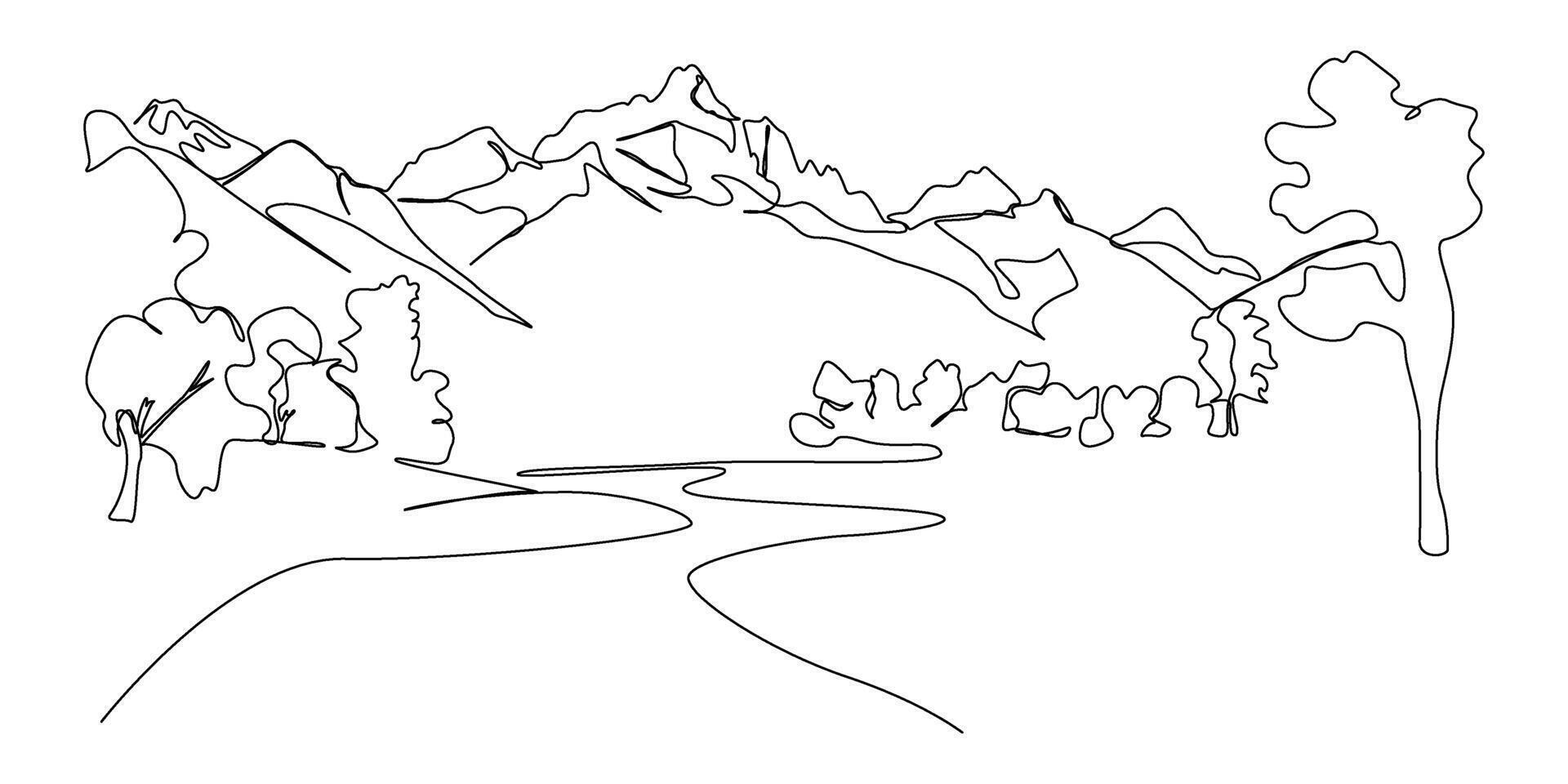 Single continuous line drawing of a mountain range landscape. high mounts and peaks one line art.Concept of Adventure, winter sports, hiking, and tourism illustration. vector