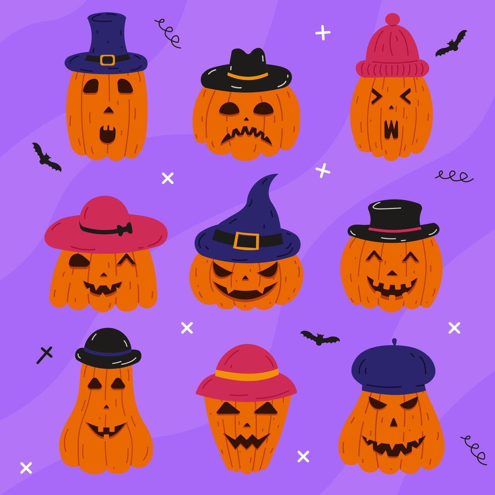 Scary Halloween pumpkin set stickers. A collection of hand drawn pumpkin with character face in different hat. illustration vector