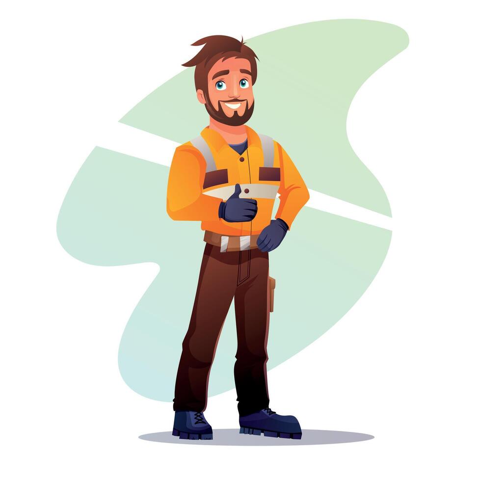 Male worker in uniform with thumbs up hand gesture. illustration in cartoon style. vector
