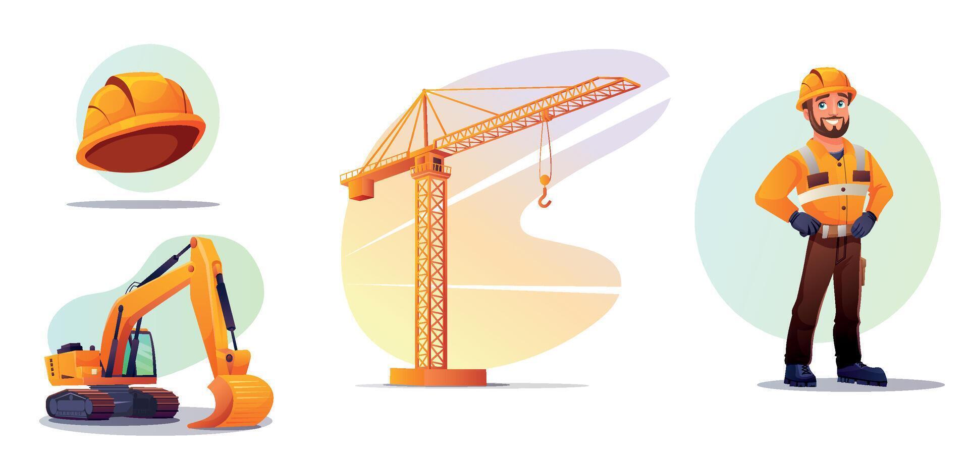 Construction set. Transport for building construction, safety helmet and male builder. illustrations in cartoon style. vector