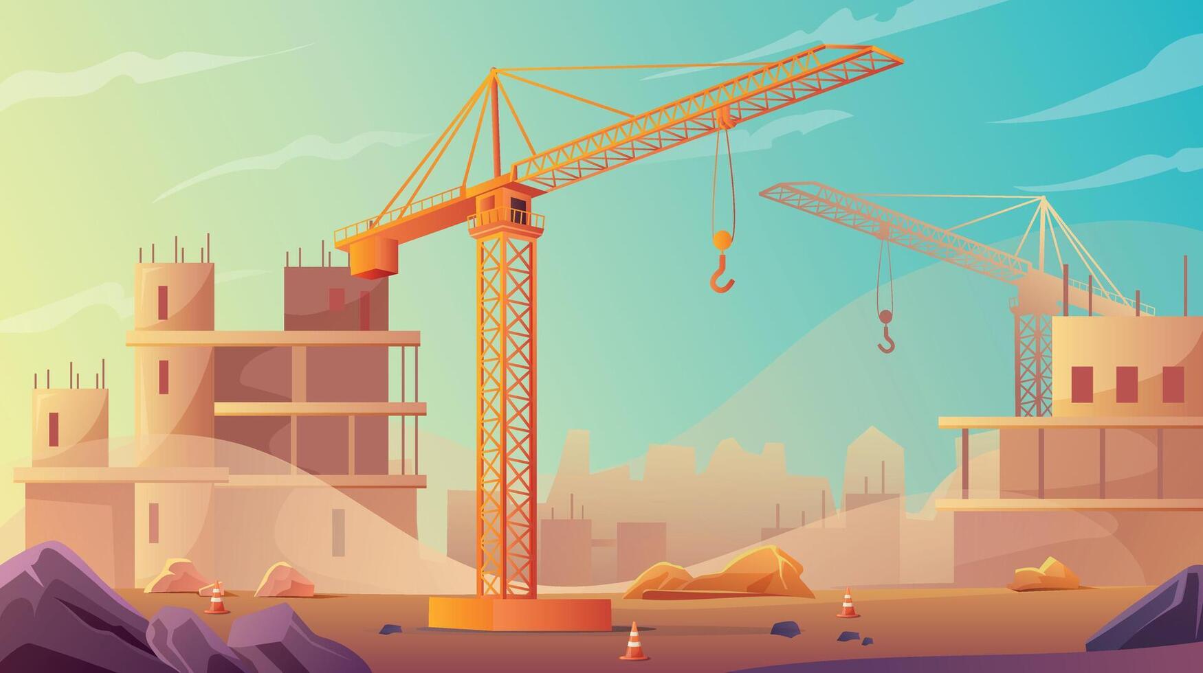 Construction site background. Unfinished building and construction crane in the foreground. illustration in cartoon style. vector