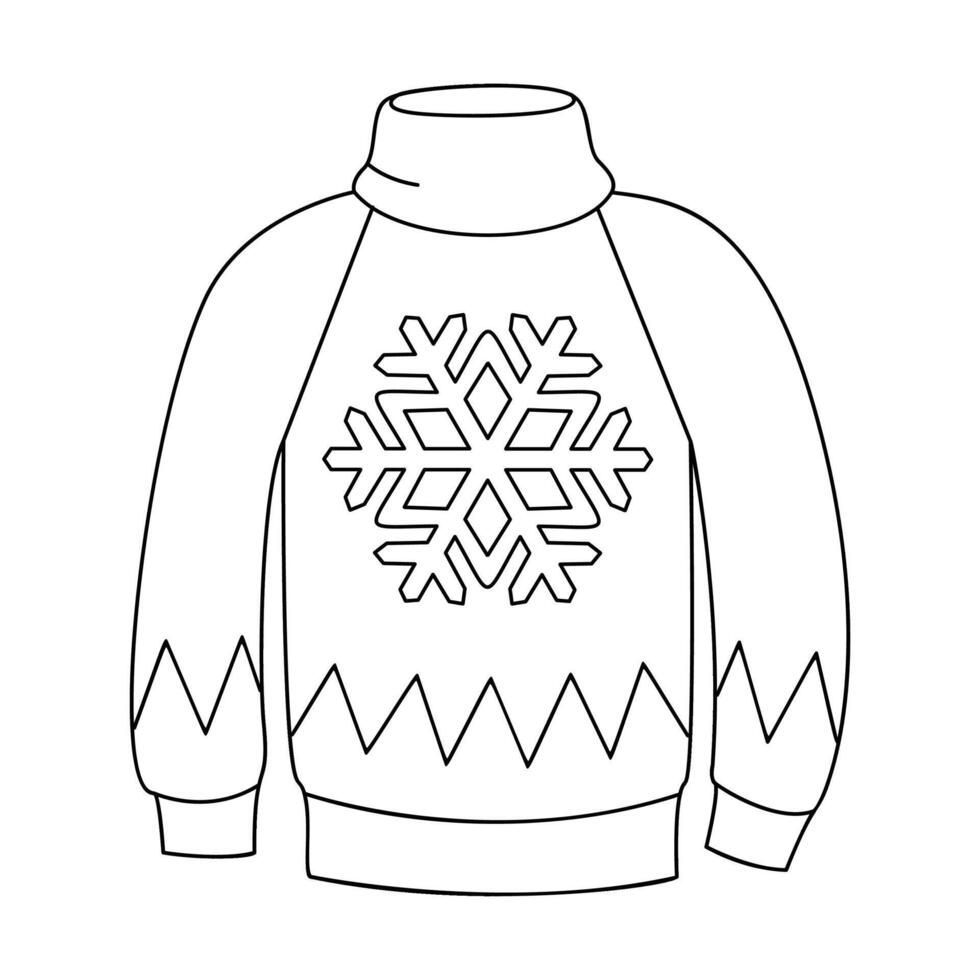Christmas knitted sweater with snowflake. Doodle style winter clothes. New year cozy winter pullover. Hand drawn black and white isolated illustration vector