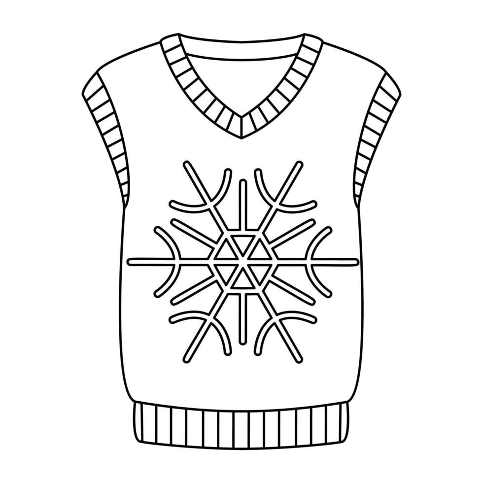Christmas knitted vest with snowflake. Doodle style winter clothes. New year cozy winter vest. Hand drawn black and white isolated illustration vector