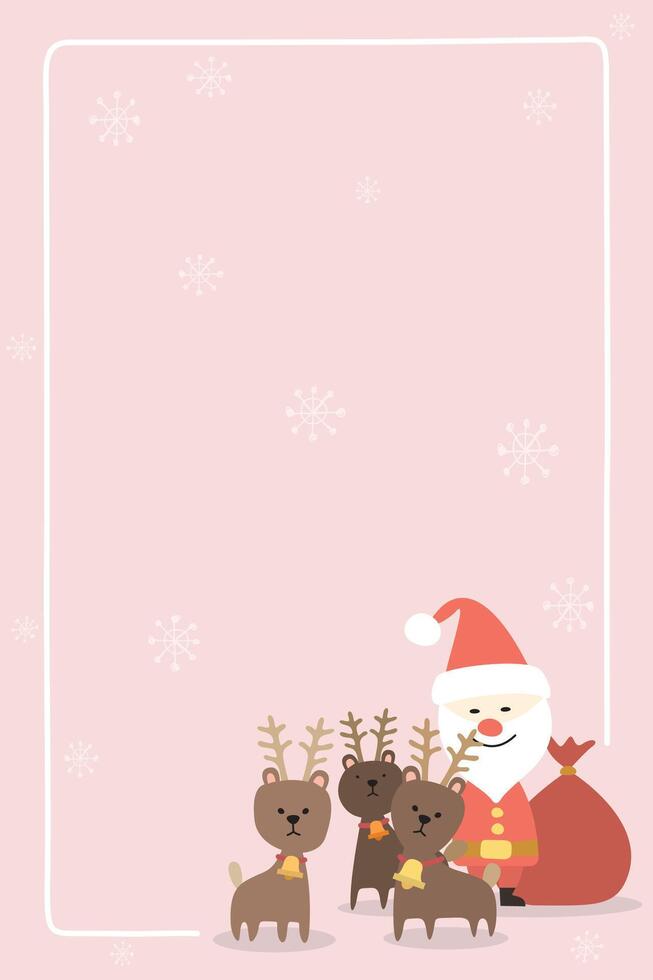 Cute Santa Claus and reindeers childish style with doodle frame and snowflakes background have blank space graphic illustration. Merry Christmas greeting card vertical template. vector