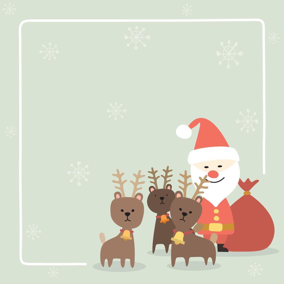 Cute Santa Claus and reindeers childish style with doodle frame and snowflakes background have blank space graphic illustration. Merry Christmas greeting card square template. vector