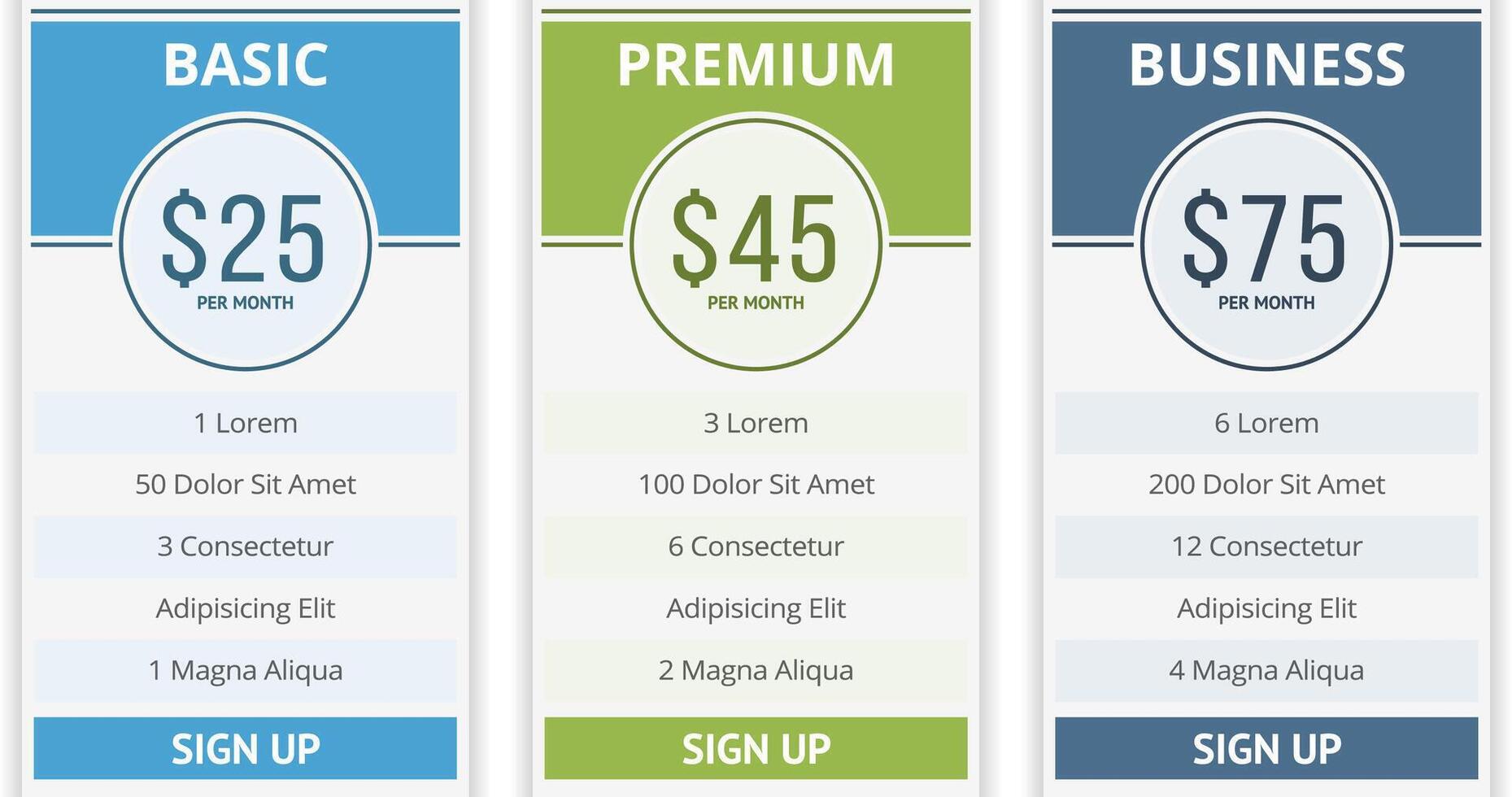 Pricing table template with three plans for websites vector