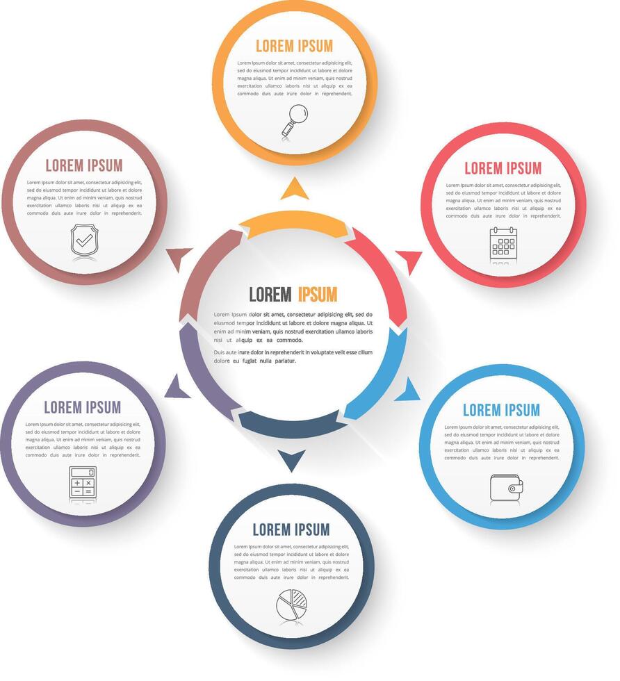 Circle infographic template with six elements, steps or options, workflow or process diagram, data vizualization vector