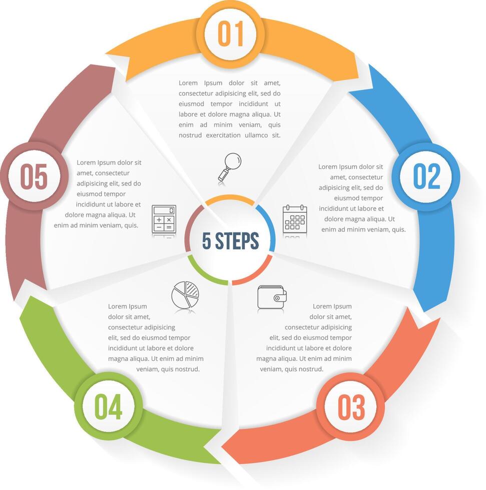 Circle infographic template with five elements, steps or options, workflow or process diagram, data vizualization vector