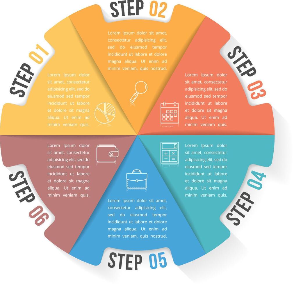 Circle infographic template with six elements, steps or options, workflow or process diagram vector