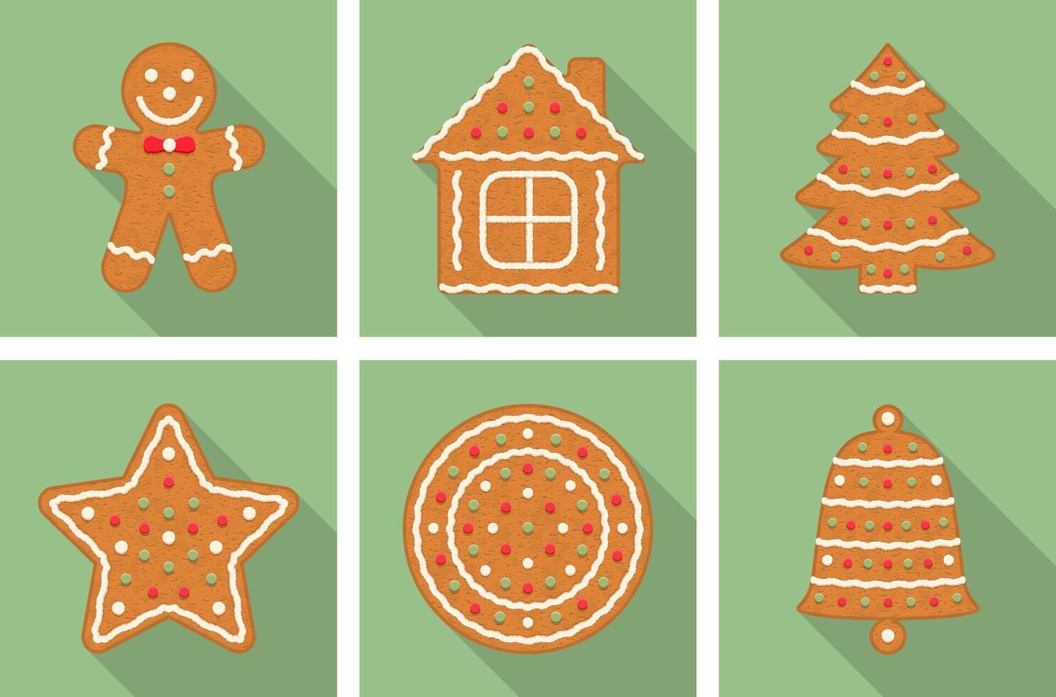 Set of gingerbread Christmas cookies with long shadows - man, tree, house, star, bell and circle vector