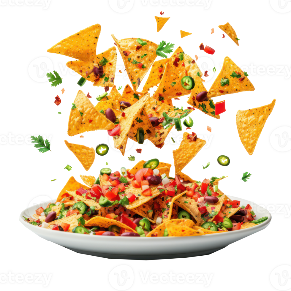 floated Nachos food falling into a plate isolate on transparency background png