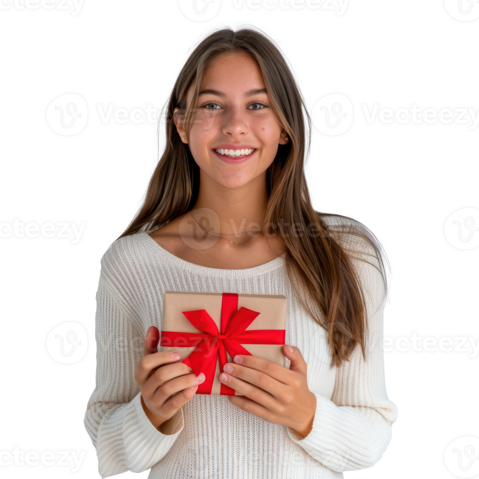 Beautiful young woman with red present, standing isolate on transparency background png
