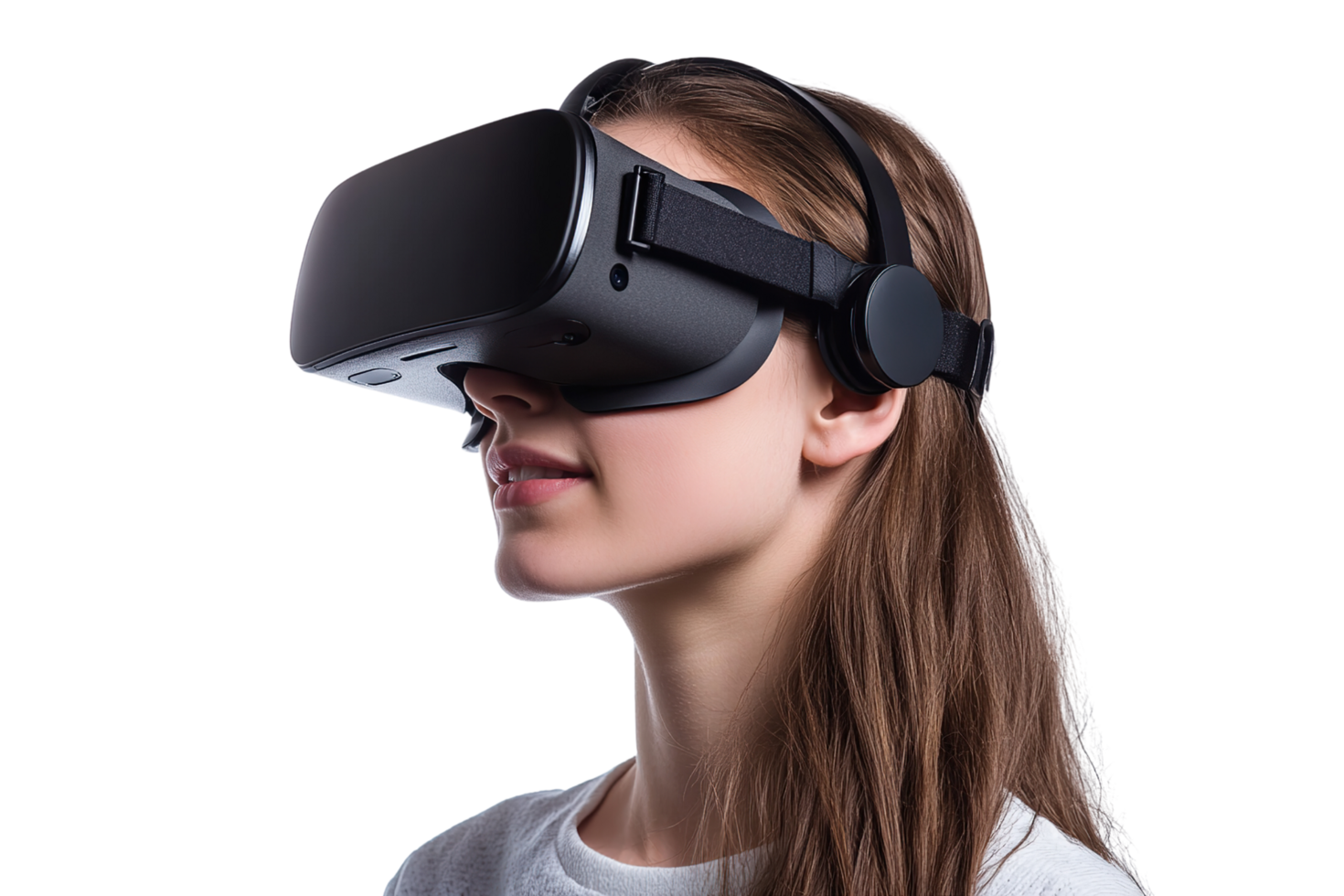 Woman wearing virtual reality glasses on transparent background. png