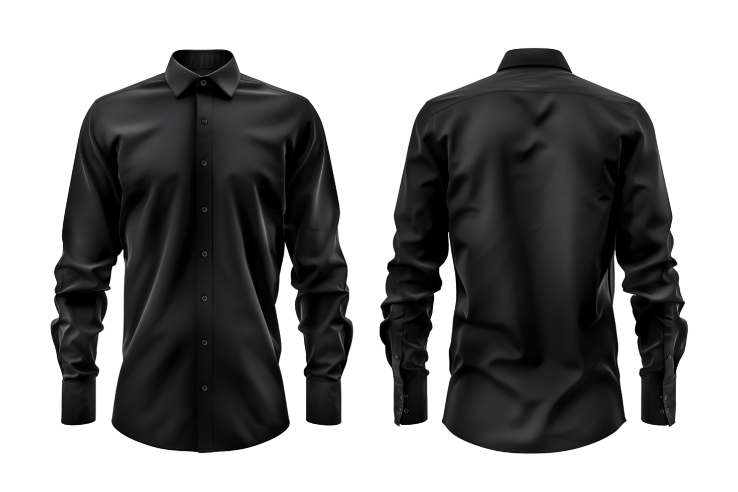 Black shirt mock-up, front and back view on transparent background. png