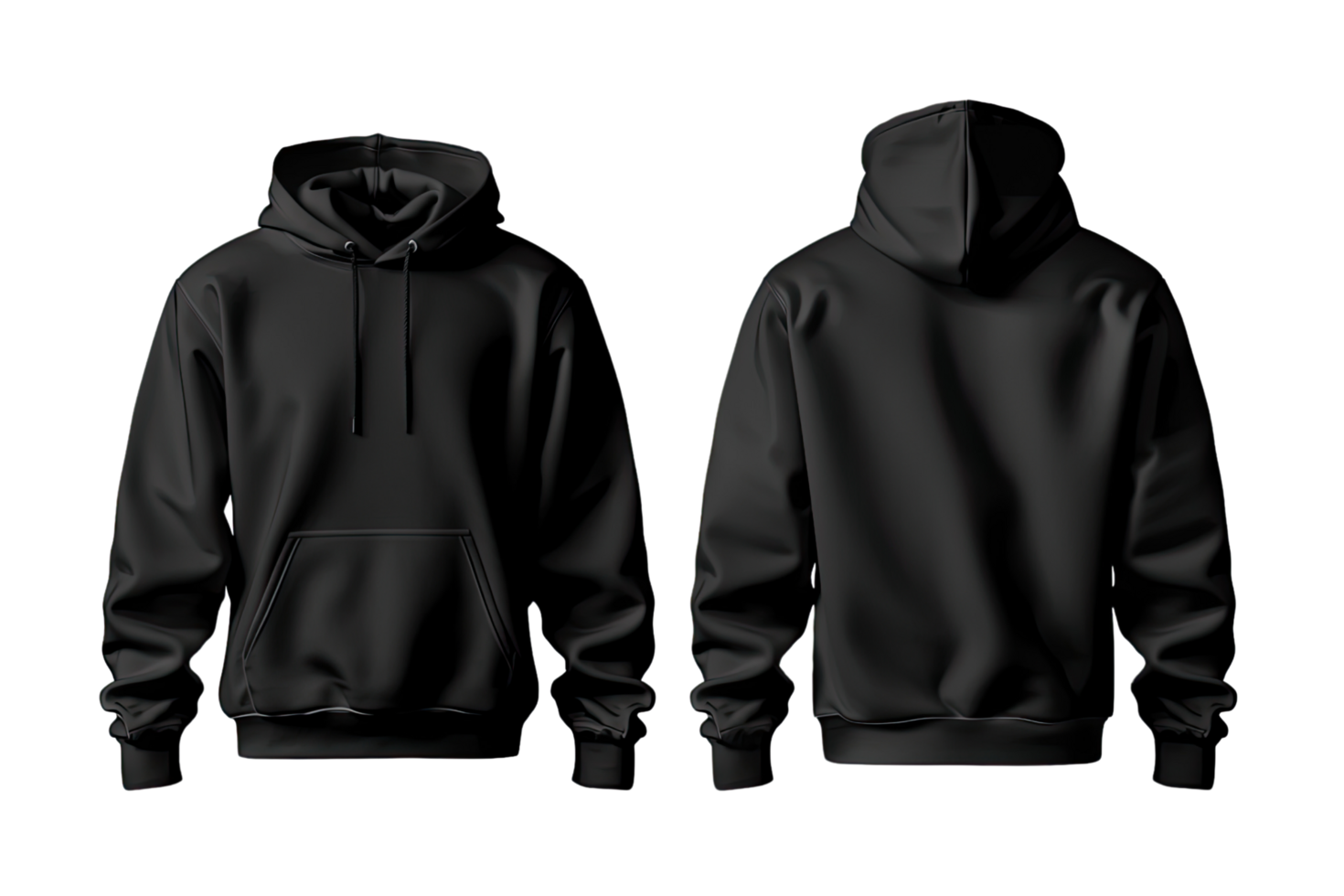 Black hoodie mock-up, front and back view on transparent background. png