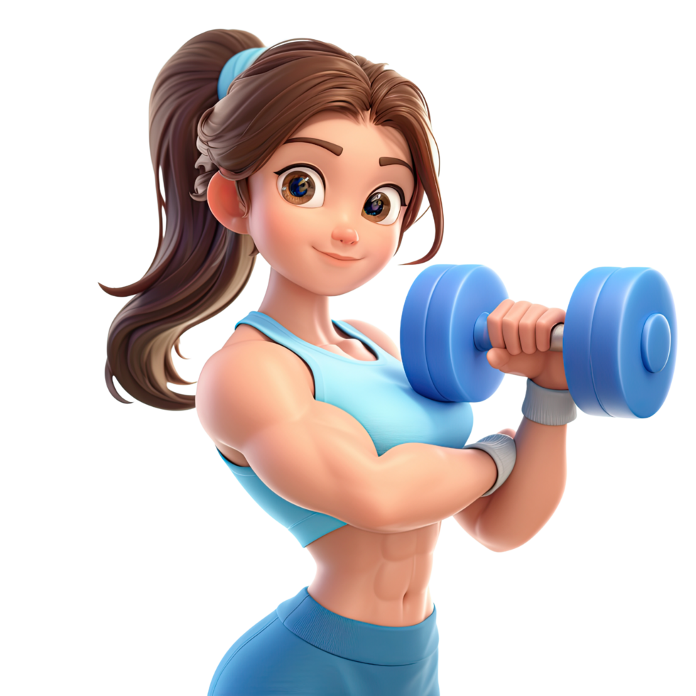 3D cartoon girl with dumbbells on a transparent background. png