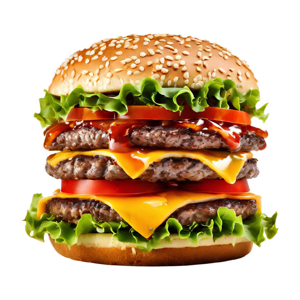 A large hamburger with cheese, lettuce and tomato png